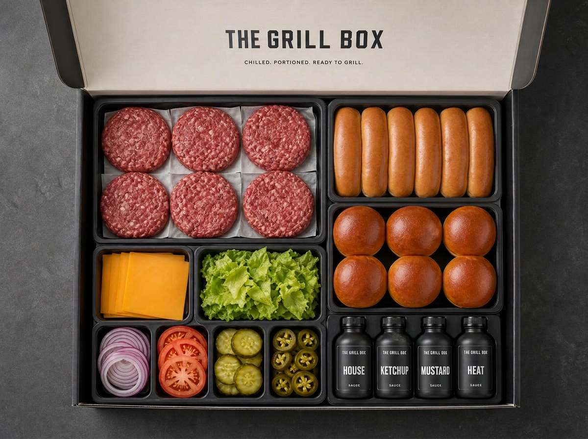 The Grill Box open, showing burgers, hot dogs, brioche, cheddar, fresh toppings and branded sauces