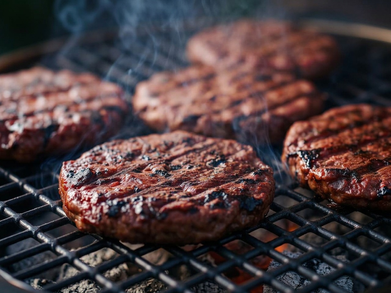 Beef burger patties searing over glowing charcoal on a grill grate