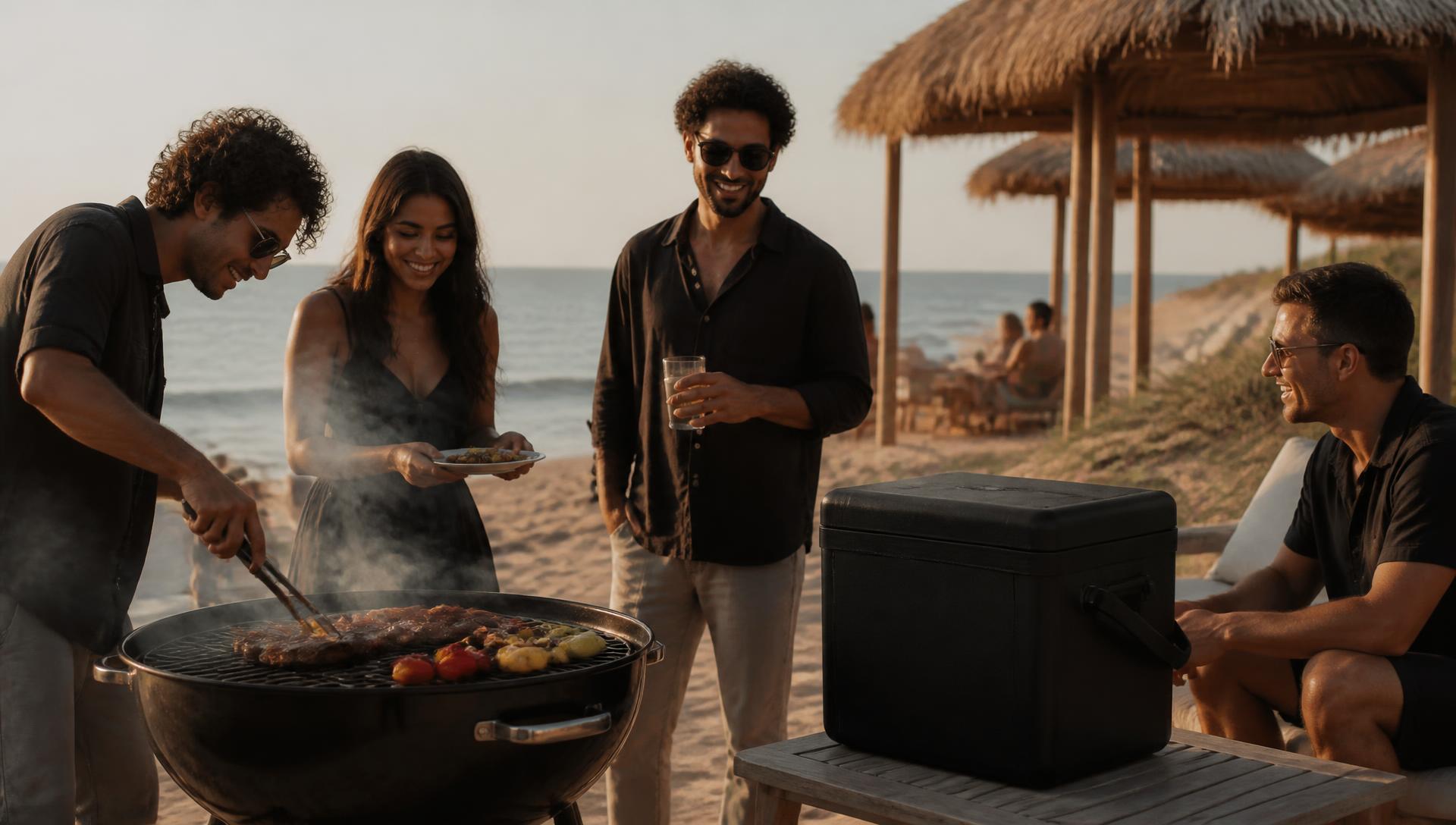 Friends grilling around a charcoal barbecue on an Egyptian North Coast beach at golden hour